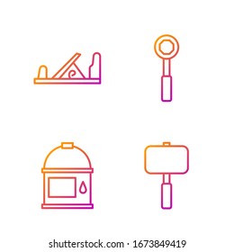 Set line Sledgehammer, Paint bucket, Wood plane tool and Wrench spanner. Gradient color icons. Vector