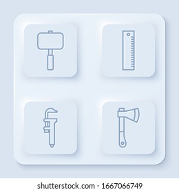 Set line Sledgehammer, Ruler, Calliper or caliper and scale and Wooden axe. White square button. Vector