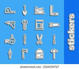 Fijar línea Martillo, Destornillador, Viñeta de mano, Aplastador de construcción, Tornillo metálico, Ametralladora eléctrica de pegamento caliente, Construcción de la ruleta e icono de la bolsa de cemento. Vector