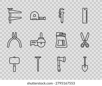 Set line Sledgehammer, Shovel, Calliper or caliper and scale, Metallic nail, Clamp tool, Angle grinder, Wooden axe and Scissors icon. Vector