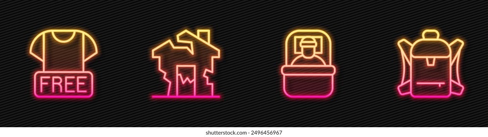 Set line Sleeping bag, Clothes donation, Ruined house and Hiking backpack. Glowing neon icon. Vector