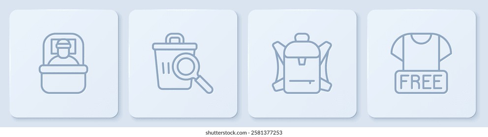 Set line Sleeping bag, Hiking backpack, Searching for food and Clothes donation. White square button. Vector