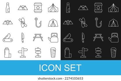 Set line Sleeping bag, Kettle with handle, Tourist tent, First aid kit, Kayak or canoe, Location mountains, Bottle of water and Fishing hook icon. Vector