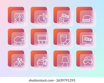 Set line Sleeping hat, Dreams, pill, Table lamp, Window with curtains, Time to sleep,  and Moon and stars icon. Vector