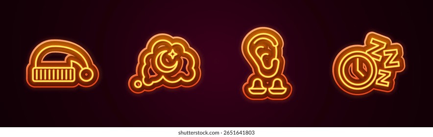 Set line Sleeping hat, Dreams, Earplugs and ear and Alarm clock. Glowing neon icon. Vector