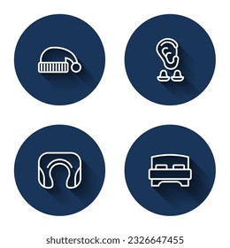 Set line Sleeping hat, Earplugs and ear, Travel neck pillow and Big bed with long shadow. Blue circle button. Vector