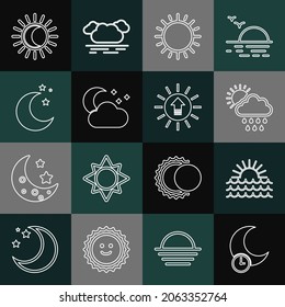 Set line Sleeping moon, Sunset, Cloud with rain and sun, stars, Moon, Eclipse of the and  icon. Vector