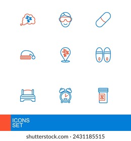 Set line Sleeping pill, Alarm clock, Big bed, Slippers, hat, Sleepy,  and Eye sleep mask icon. Vector