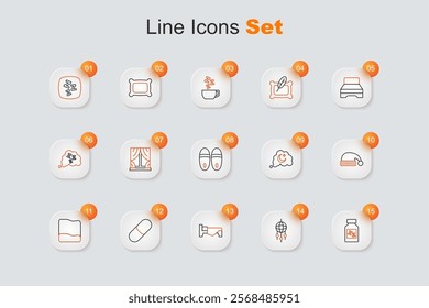 Set line Sleeping pill, Dream catcher with feathers, Bed, Pillow, hat, Dreams and Slippers icon. Vector