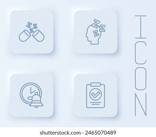 Píldora para dormir, Sueños, Reloj despertador y Prescripción médica. Botón cuadrado blanco. Vector