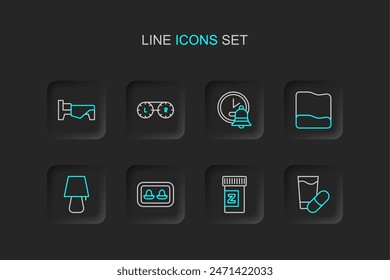 Set line Sleeping pill, Earplugs with storage box, Table lamp, Pillow, Alarm clock, Contact lens container and Bed icon. Vector
