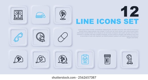 Set line Sleeping pill, Earplugs and ear, Alarm clock, Medical prescription, Eye sleep mask, Dreams, hat and Sleepy icon. Vector