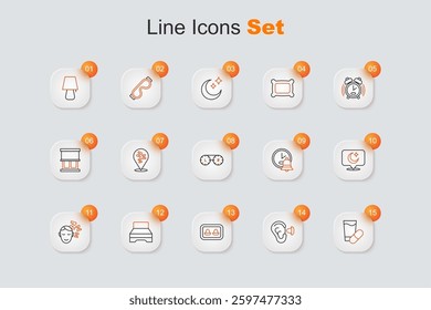Set line Sleeping pill, Earplugs and ear, with storage box, Big bed, Dreams, Moon stars, Alarm clock and Contact lens container icon. Vector