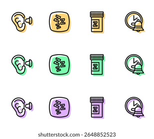 Definir linha Pílula de sono, tampões de ouvido e orelha, Ícone de sono e relógio de alarme. Vetor
