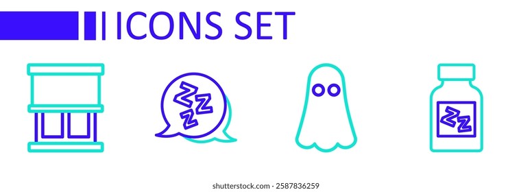 Set line Sleeping pill, Ghost, Sleepy and Window with curtains icon. Vector