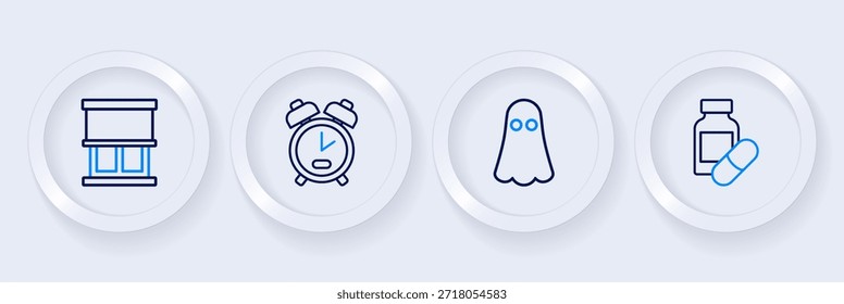 Set línea píldora de dormir, fantasma, reloj despertador y ventana con icono de cortinas. Vector