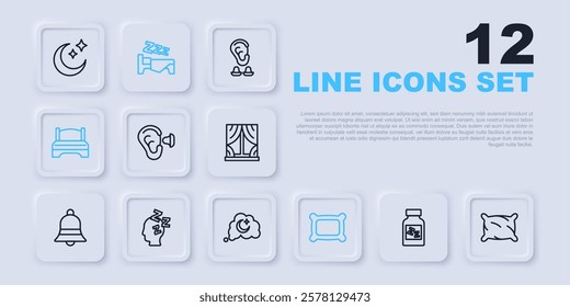 Set line Sleeping pill, Pillow, Earplugs and ear, Big bed, Dreams, Time to sleep and  icon. Vector