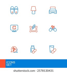 Set line Sleeping pill, Sleepy, Moon and stars, Pillow, Big bed and Table lamp icon. Vector