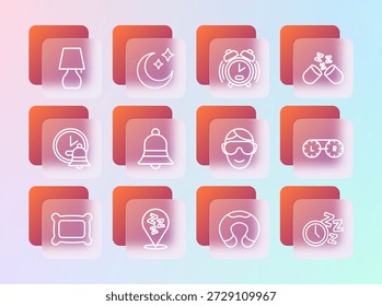 Píldora para dormir, Sleepy Eye, máscara de sueño, almohada de viaje para el cuello, timbre, reloj despertador, lámpara de mesa e icono de luna y estrellas. Vector