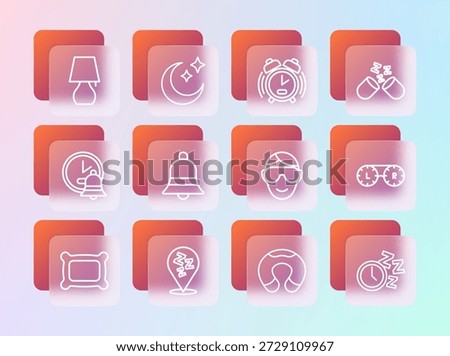 Set line Sleeping pill, Sleepy, Eye sleep mask, Travel neck pillow, Ringing bell, Alarm clock, Table lamp and Moon and stars icon. Vector