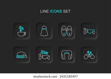 Set line Sleeping pill, Travel neck pillow, Time to sleep, hat, Bed, Slippers, Ghost and Chamomile tea icon. Vector