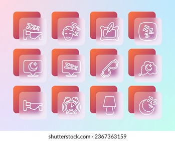 Fijar línea Sleepy, Alarm clock, Eye sleep mask, Table lamp, Pillow, Time to y Dreams icon. Vector