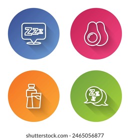 Set line Sleepy, Avocado fruit, Bottle of water with glass and . Color circle button. Vector