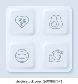 Set line Sleepy, Avocado fruit, Fitness ball and Time to sleep. White square button. Vector