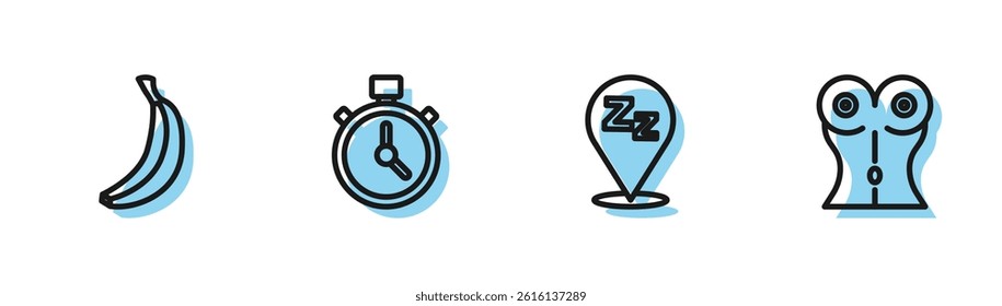 Set line Sleepy, Banana, Stopwatch and Women waist icon. Vector
