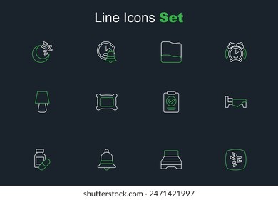 Set line Sleepy, Big bed, Ringing bell, Sleeping pill, Bed, Medical prescription, Pillow and Table lamp icon. Vector