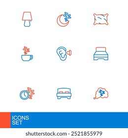 Set line Sleepy, Big bed, Alarm clock, Chamomile tea, Earplugs and ear, Pillow and Moon stars icon. Vector
