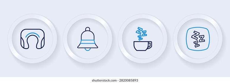 Set line Sleepy, Chamomile tea, Ringing bell and Travel neck pillow icon. Vector