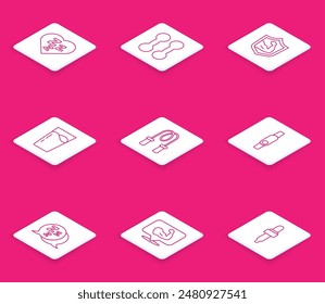 Set line Sleepy, Dumbbell, Bodybuilder muscle, Glass with water, Jump rope, Smartwatch,  and  icon. Vector