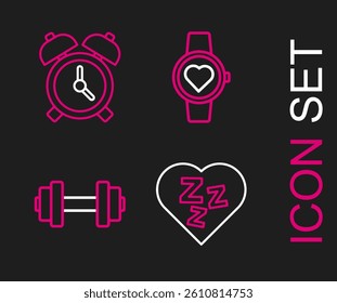 Set line Sleepy, Dumbbell, Smart watch and Alarm clock icon. Vector