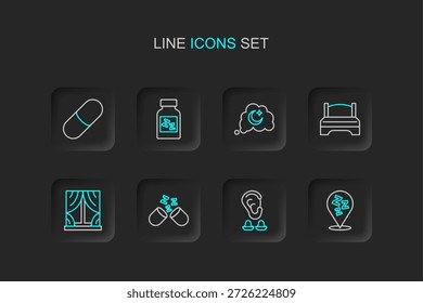 Set line Sleepy, Earplugs and ear, Sleeping pill, Window with curtains, Big bed, Dreams,  and  icon. Vector