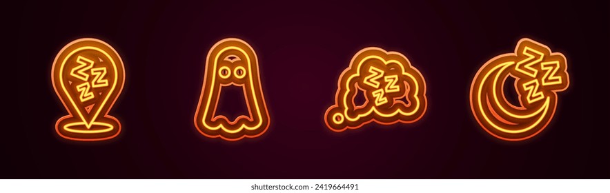 Fija la línea Sleepy, Ghost, Moon and stars. Icono de neón brillante. Vector