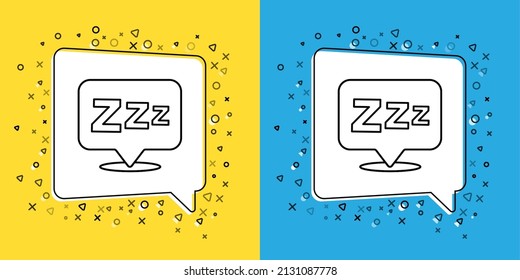 Set line Sleepy icon isolated on yellow and blue background. Sleepy zzz black talk bubble.  Vector