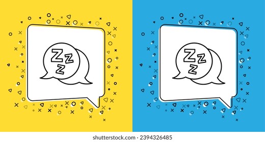 Set line Sleepy icon isolated on yellow and blue background. Sleepy zzz black talk bubble.  Vector