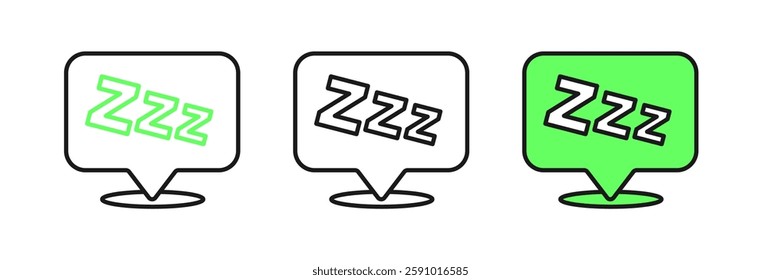 Set line Sleepy icon isolated on white background. Sleepy zzz talk bubble.  Vector