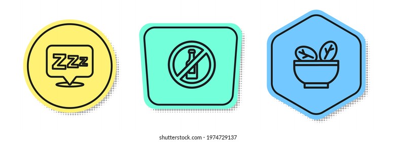 Set line Sleepy, No alcohol and Salad in bowl. Colored shapes. Vector