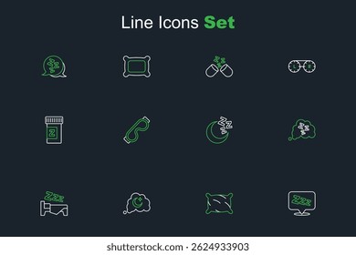 Definir linha Sonolento, Travesseiro, Sonhos, Tempo para dormir, Lua e estrelas, Máscara de olho e Ícone de pílula do sono. Vetor