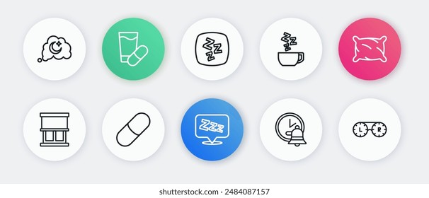 Set line Sleepy, Pillow, Window with curtains, Alarm clock, Chamomile tea, Contact lens container and Sleeping pill icon. Vector