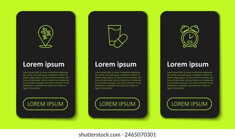 Set line Sleepy, Sleeping pill and Alarm clock. Business infographic template. Vector