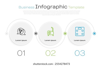 Set line Sleepy, Stationary bicycle and Bathroom scales. Business infographic template. Vector