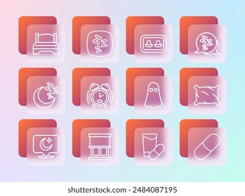 Set line Sleepy, Window with curtains, Ghost, Sleeping pill, Alarm clock, Earplugs storage box, Big bed and  icon. Vector