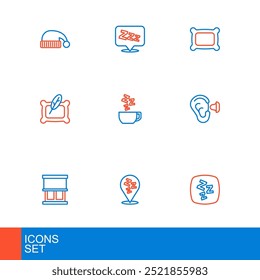 Set line Sleepy, Window with curtains, Earplugs and ear, Pillow, Chamomile tea,  and  icon. Vector