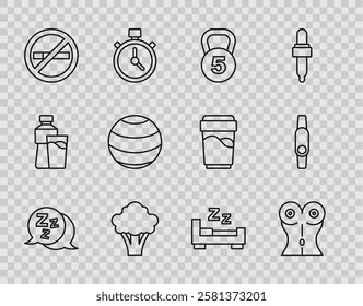 Set line Sleepy, Women waist, Weight, Broccoli, No Smoking, Fitness ball, Time to sleep and Smartwatch icon. Vector