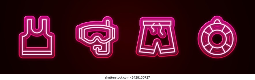 Set line Sleeveless T-shirt, Diving mask, Swimming trunks and Lifebuoy. Glowing neon icon. Vector