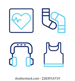 Set line Sleeveless t-shirt, Headphones, Socks and Heart rate icon. Vector