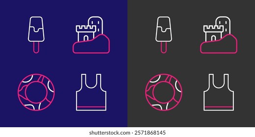 Set line Sleeveless T-shirt, Rubber swimming ring, Sand castle and Ice cream icon. Vector